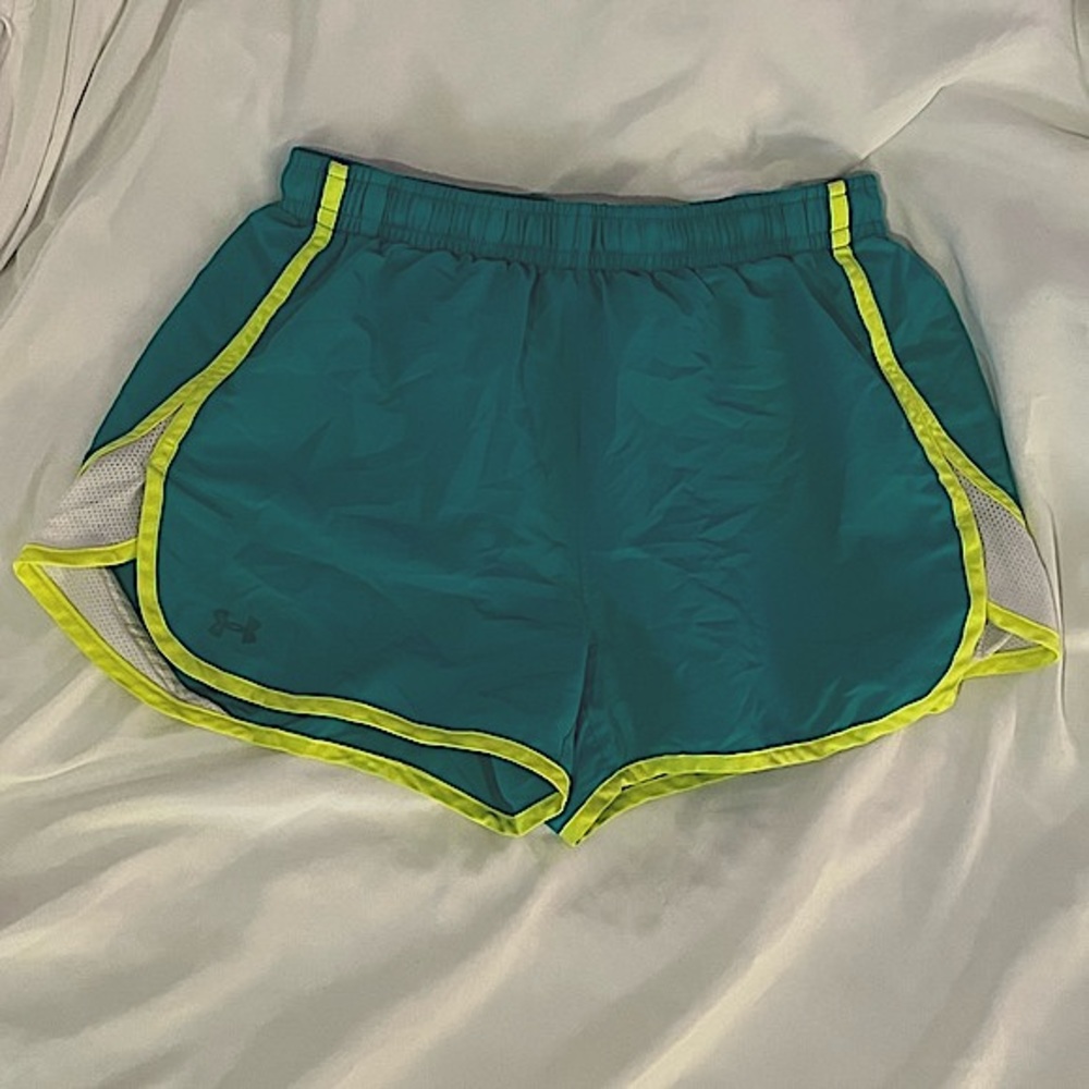 Women’s Under Armour blue & yellow athletic shorts with drawstring intact